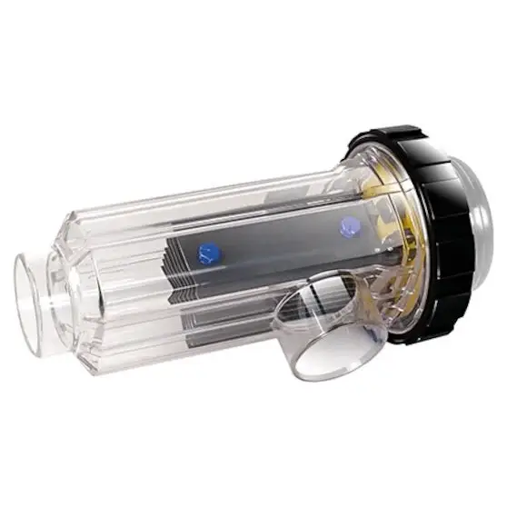 Zodiac eXpert klar plastcylindrisk poolfilter med svarta ändkåpor och blå komponenter för självreglerande hantering